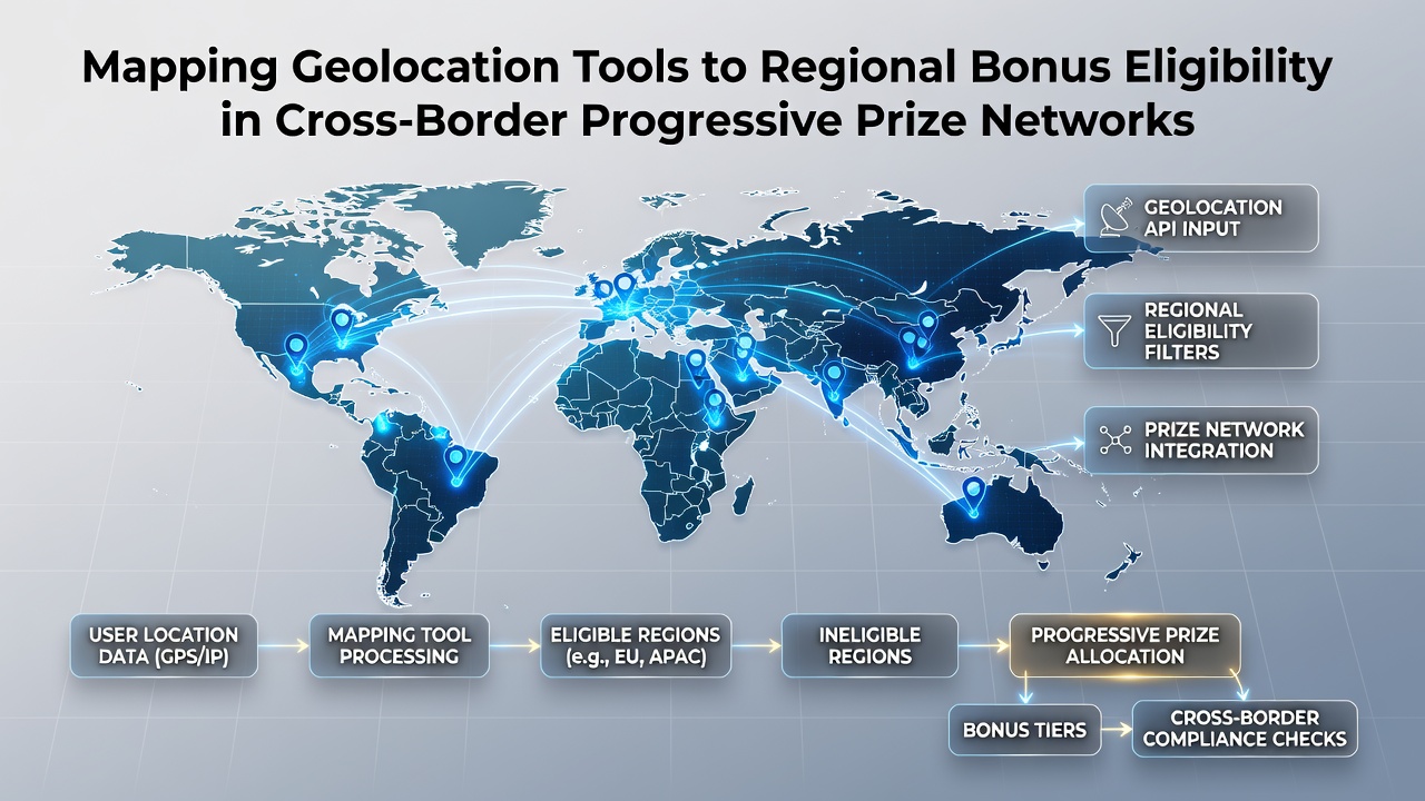 Network diagram illustrating how geolocation data flows through verification layers to determine regional bonus eligibility
