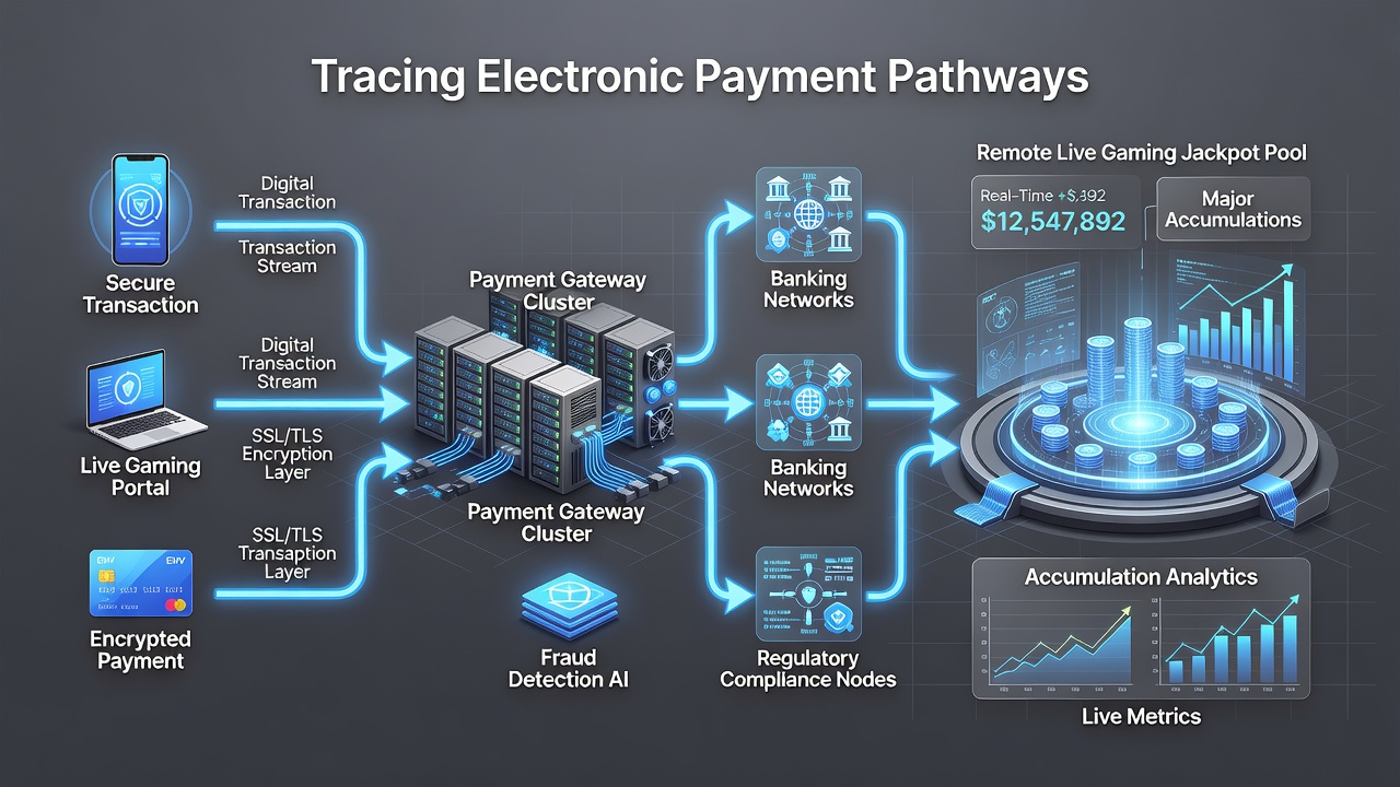 Illustration of blockchain nodes and transaction monitoring dashboards used in remote gaming payment tracing